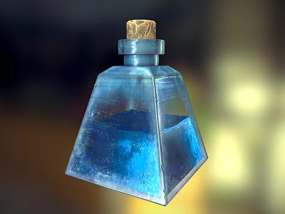 Elegant Conical Glass Bottle With Clear Blue Liquid And Wooden Cork 3d model