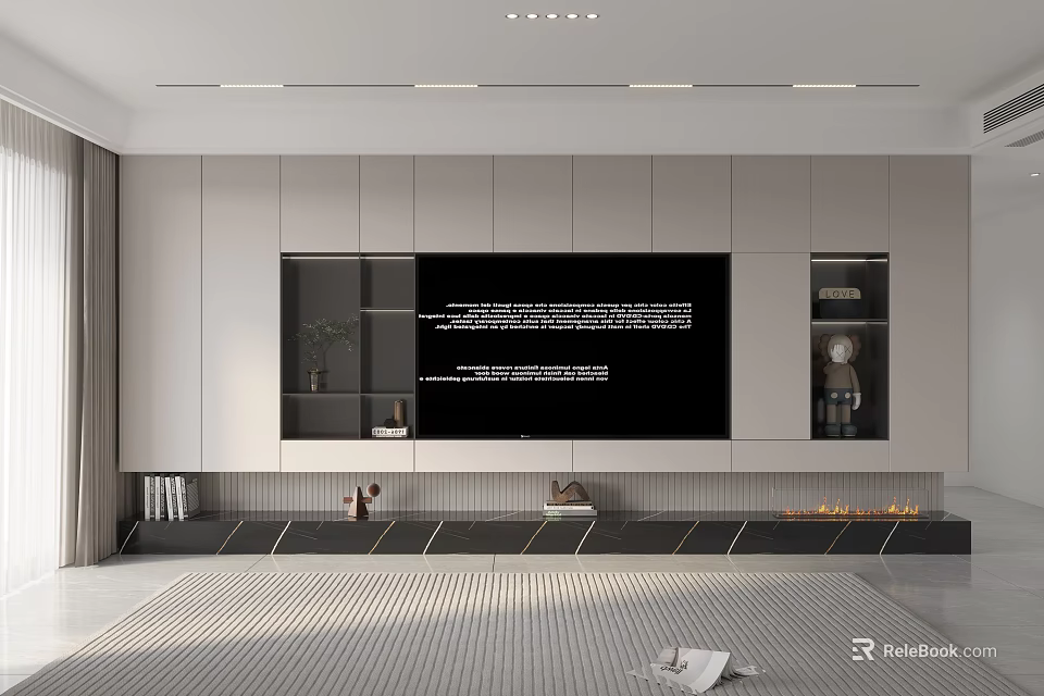 Modern TV Wall Design With Gray Cabinets Built-in TV Open Shelves And Decorative Platform 3d model 