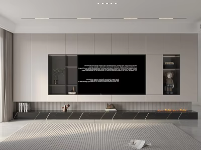 Modern TV Wall Design With Gray Cabinets Built-in TV Open Shelves And Decorative Platform 3d model