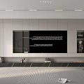 Modern TV Wall Design With Gray Cabinets Built-in TV Open Shelves And Decorative Platform