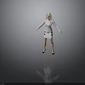Blonde Woman Standing In White Blazer And White Skirt Against Gray Background