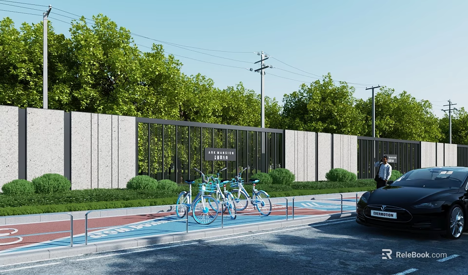 Modern Building Exterior Wall Design with Stone Glass Panels Greenery and Bicycle Parking 3d model 