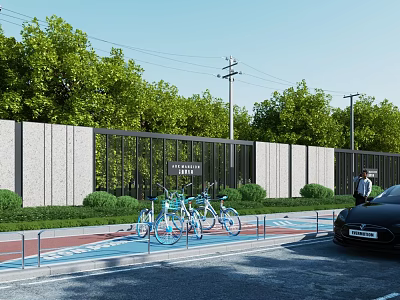 Modern Building Exterior Wall Design with Stone Glass Panels Greenery and Bicycle Parking 3d model