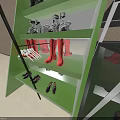 Green Shoe Display Shelf Showcasing Various Styles of Footwear