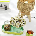Decorative Ornament Set with Dried Flowers Rattan Lamp Green Tray and Smart Devices for Desktop