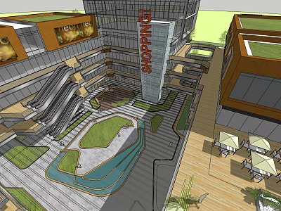 Modern Commercial Complex With Shopping Mall Atrium Green Spaces Escalators And Outdoor Seating 3d model