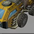 Yellow Sci Fi Utility Vehicle With Large Tires And Roof Equipment