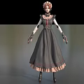 Game Fantasy Character In Gray Dress With Pink Trim Bonnet Lace Gloves And Black Boots