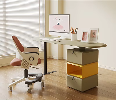 Modern Desk with Computer Monitor Pen Holder Book Photo Frame Colorful Drawers and Office Chair 3d model
