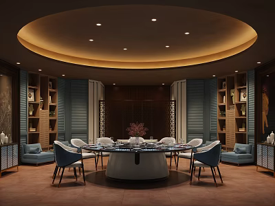 Elegant Private Dining Room Interior With Round Table Ceiling Lighting And Display Cabinets 3d model