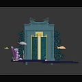 Teal Decorative Gate With Golden Door Carved Decorations Purple Corals Fish And Dark Blue Base