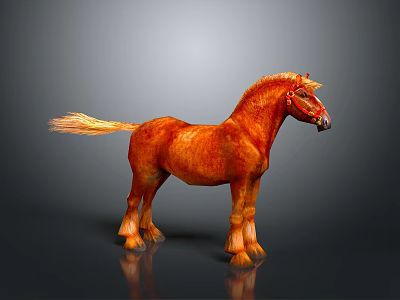 Red Horse With Shiny Coat Golden Mane And Tail On Gray Background With Reflection 3d model