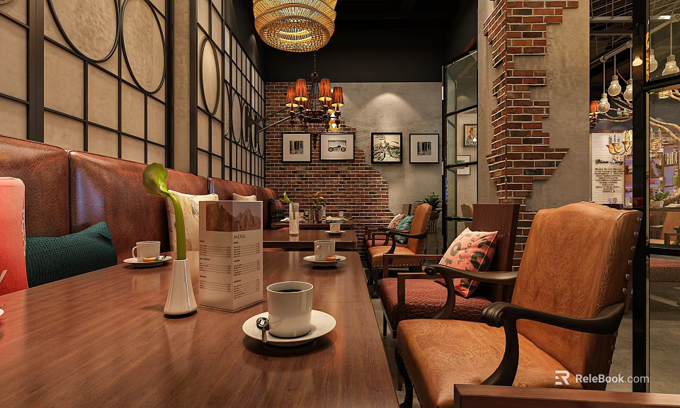 Vintage Cafe Interior Design With Wooden Tables Leather Chairs Pendant Lights Brick Walls And Coffee Cups 3d model 