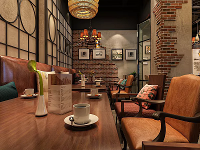 Vintage Cafe Interior Design With Wooden Tables Leather Chairs Pendant Lights Brick Walls And Coffee Cups 3d model