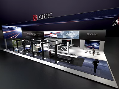 Modern Exhibition Booth for CRRC with Digital Screens and Vehicle Displays 3d model