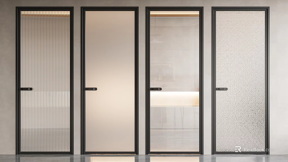 Modern Hinged Doors With Black Frames And Various Glass Textures For Interior 3d model