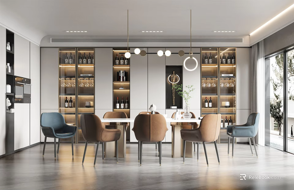Modern Restaurant Interior With Dining Table Pendant Lights Wine Racks And Blue Brown Chairs 3d model 