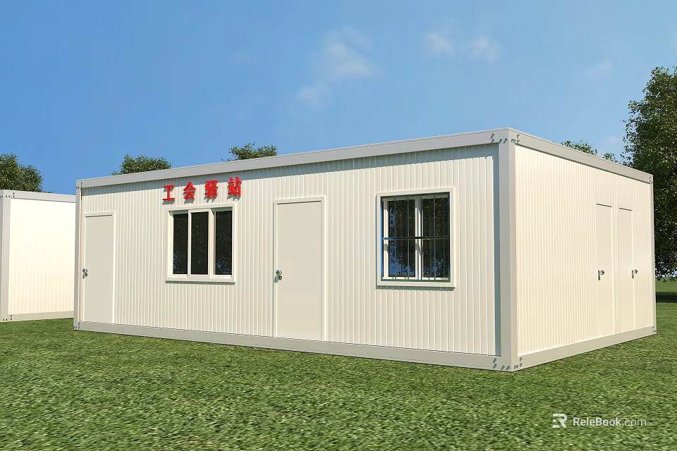 White Container Style Post Station for Workers Rest with Windows on Green Grassland 3d model