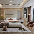 Elegant Modern Bedroom Interior With Wardrobe Bed Nightstands Soft Rug Pendant Lights And Floor-to-Ceiling Window