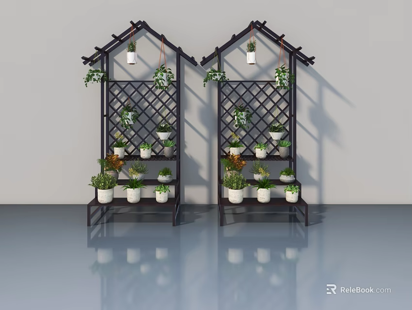 Decorative Hinged Door Featuring Lattice Design And Potted Plants 3d model 