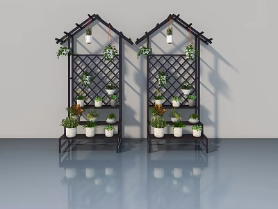 Decorative Hinged Door Featuring Lattice Design And Potted Plants 3d model