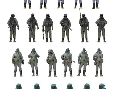 Multiple Military And Hazard Suit Characters In Various Poses With Weapons And Gear 3d model