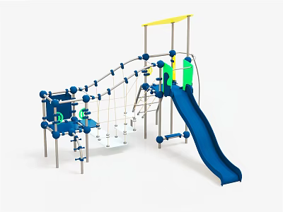 Outdoor Playground Equipment With Blue Slide Rope Net Climbing Structure Metal Frames And Platform 3d model