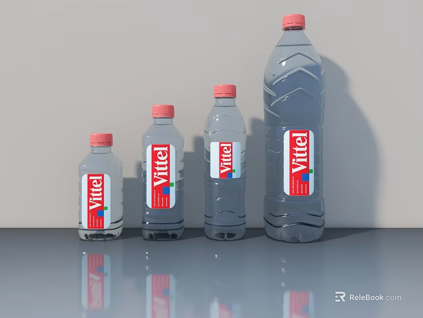 Vitel Bottled Water Different Sizes Transparent Bottles Red Caps Display on Gray Table 3d model 