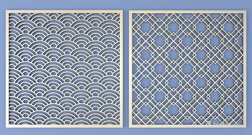 Modern Chinese Style Wooden Room Divider With Laser Cut Wave And Geometric Patterns 3d model 