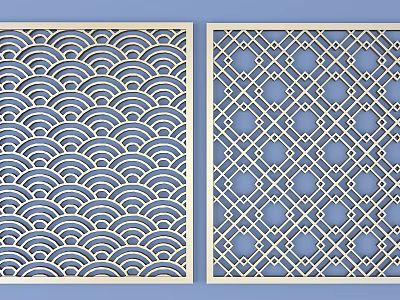 Modern Chinese Style Wooden Room Divider With Laser Cut Wave And Geometric Patterns 3d model