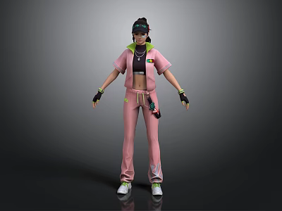 3D Character In Pink Outfit With Black Details And Tech Goggles Standing Pose 3d model