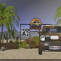 Tropical Outdoor Photo Check-in Spot With Palm Trees Cactus Rocks And Brown Car At Night