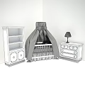 White Baby Crib With Pink Bow Canopy Red Bookshelf Dresser And Table Lamp