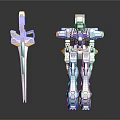 Game Movie Character Blue Silver Mechanical Robot With Yellow Glowing Sword