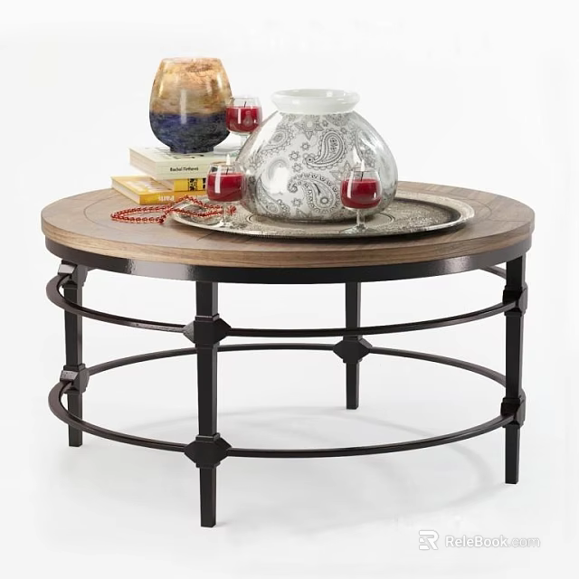 Round Wooden Top Coffee Table With Black Metal Frame And Decorative Silver Vase Wine Glasses 3d model 