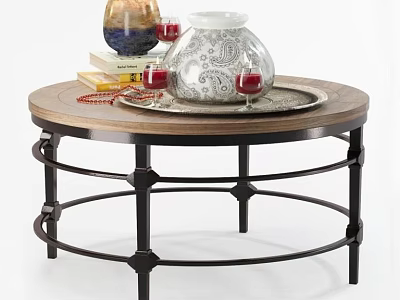 Round Wooden Top Coffee Table With Black Metal Frame And Decorative Silver Vase Wine Glasses 3d model