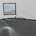 Indoor Area With Textured Wall Square Window And Curved Silver Metal Sculpture On Dark Tile Floor