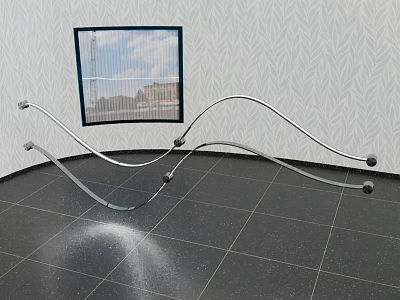 Indoor Area With Textured Wall Square Window And Curved Silver Metal Sculpture On Dark Tile Floor 3d model