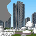 Modern High Rise Residential Buildings With Green Trees And Surrounding Landscape