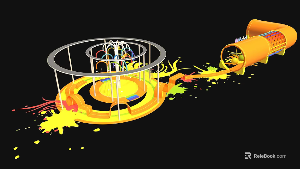 Dynamic Abstract Art Installation With Circular Metal Frame And Colorful Splatters 3d model
