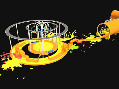 Dynamic Abstract Art Installation With Circular Metal Frame And Colorful Splatters 3d model