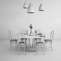Modern Dining Table Set with Black Chairs Light Wood Vase Green Plant and Pendant Lights