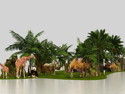 Natural Habitat With Giraffe Panda Camel Ostrich And Palm Trees On Green Grass 3d model