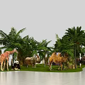 Natural Habitat With Giraffe Panda Camel Ostrich And Palm Trees On Green Grass