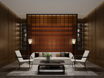 Hotel Public Lounge Area With Wooden Walls Red Lattice Screen Bookshelves Sofa And Green Plant 3d model