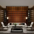 Hotel Public Lounge Area With Wooden Walls Red Lattice Screen Bookshelves Sofa And Green Plant