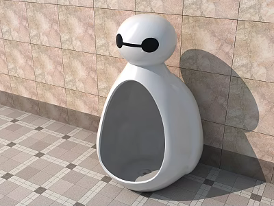 Cute White Urinal Design with Cartoon Like Eyes Against Tiled Wall and Geometric Pattern Floor 3d model