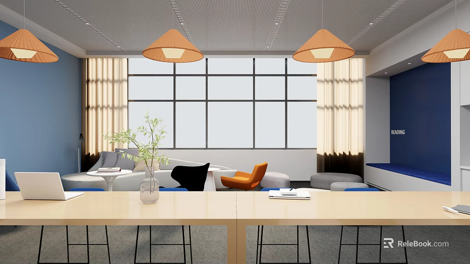 Modern Lounge Area Interior With Pendant Lights Large Windows Curtains Sofa And Comfortable Chairs 3d model 