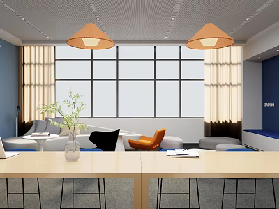 Modern Lounge Area Interior With Pendant Lights Large Windows Curtains Sofa And Comfortable Chairs 3d model