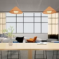 Modern Lounge Area Interior With Pendant Lights Large Windows Curtains Sofa And Comfortable Chairs